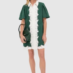 Tuckernuck dark green eyelet trim cotton linen Delilah dress
